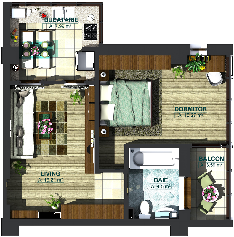 Apartamente cu 2 camere tip 2D, model 3d