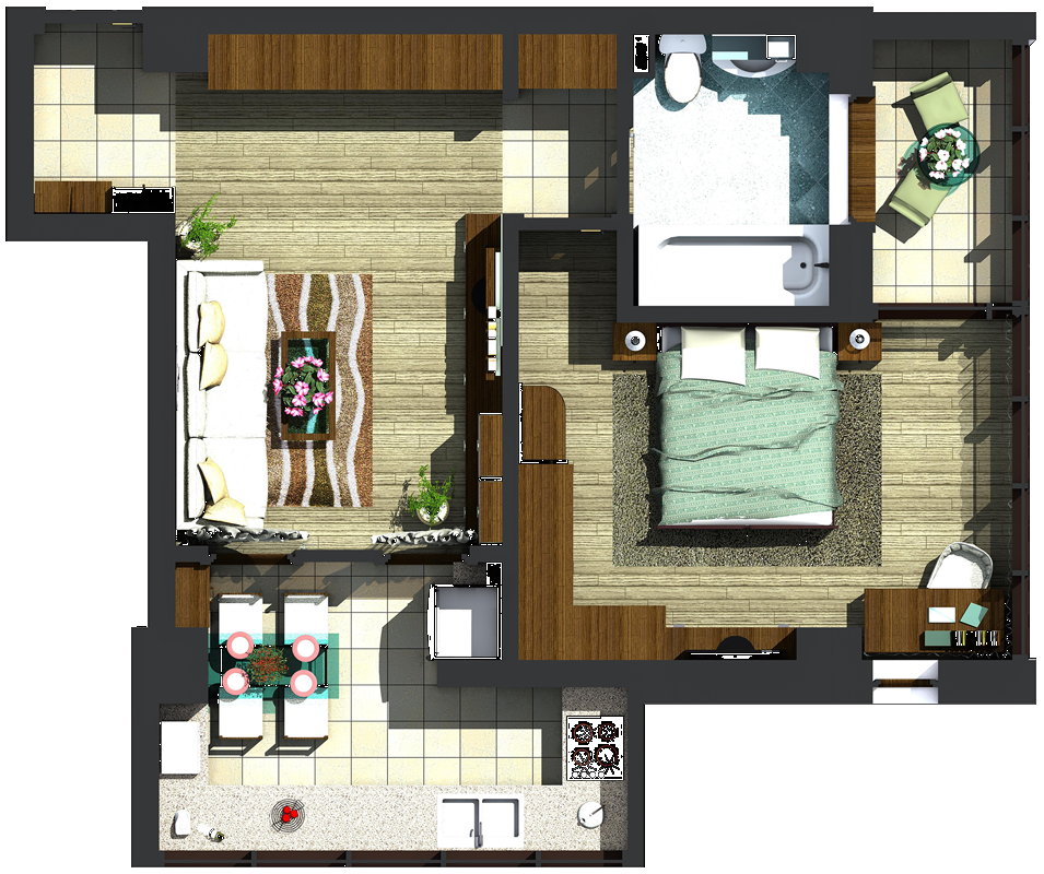 Apartamente cu 2 camere tip 2E, model 3d