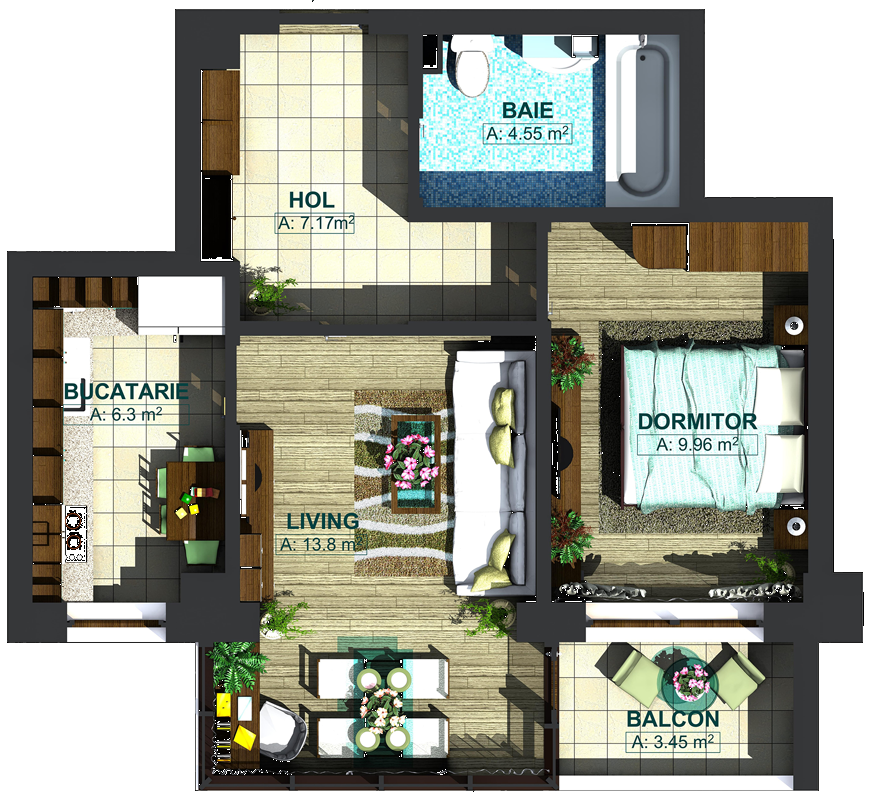 Apartamente cu 2 camere tip 2F, model 3d